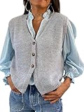 Ärmelloser Damen-Pullover, Strick, V-Ausschnitt, Knopf, lässig, lockere Weste, Cardigan, Weste, modischer Pullover, Tank-Top, A-grau, M
