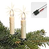 hellum Lichterkette innen Wachstropfen Made in Germany, 20,3m beleuchtet mit 30 Riffelkerzen elfenbein, Weihnachtsbaum mit Kabel grün, teilbaren Stecker und Clips, klar Glühfaden