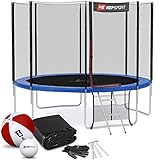 Hop-Sport Trampolin Outdoor Ø 430 cm – Gartentrampolin Komplettset mit stabilen U-Beinen, außenliegendem Netz, Sprungtuch und Leiter sowie Extra-Zubehör, blau