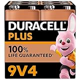 Duracell Plus 9V Blockbatterie, 4 Stück, 9 Volt Batterie ideal für Rauchmelder, Feuermelder