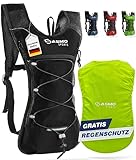 SASMO Sports® Trinkrucksack (schwarz) mit Thermofach | Laufrucksack Ultraleicht 300g | Rucksack OHNE Trinkblase | mit Reflektoren | Laufen, Fahrrad & Trailrunning