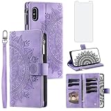 Asuwish Handyhülle für iPhone XS Max Hülle mit Folie Schutzfolie Kartenfach Klappbar Leder Blumen Geldbörse Ständer Handyhüllen i X 10 10s Plus 10xs XSMax Handy Hüllen Schutzhülle Phone Case Lila