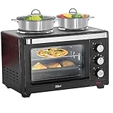 Mini Backofen mit Herdplatten 28 Liter | Elektrischer Drehspieß | 3200 Watt | Integrierte Kochplatten | Pizza-Ofen | 3in1 Backofen | Minibackofen | Miniofen | Krümelblech | Ober-/Unterhitze