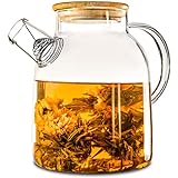 Cosumy Teekanne Glas 1,5 Liter mit Deckel aus Bambus - Filter im Auslauf - Für heiße und kalte Getränke - Spülmaschinenfest, Transparent