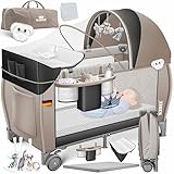 Kidiz® Babybett Reisebett Kinderreisebett klappbar mit Matratze & Räder 120x60, Seiteneingang, Wickelauflage, Moskitonetz & Tragetasche Baby Beistellbett Kinderbett ab Geburt bis 15 kg Schwarz Beige