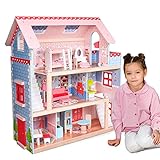 Infantastic® Puppenhaus - aus Holz, 3 Etagen, mit LED, Zubehör/Möbel, ab 3 Jahre, für 13cm große Puppen - Doll House, Puppenvilla, Spielhaus, Puppenhäuser für Kinder, Mädchen, Jungen