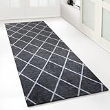 Floordirekt Teppichläufer mit Muster - maßgefertigter Feinschlingen Teppich Läufer für Küche, Flur & Wohnraum - Ornament Vintage Orient Gitter (80 x 300 cm, Cosenza Schwarz)