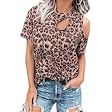 Damen-Rundhalsausschnitt schulterfrei Leopardenmuster Ausschnitt sexy Kurzarm-T-Shirt Sommeroberteile Damen Leopardenmuster übergroßer Pullover Kurzarm lässig locker elegant Hemden und Blusen S-3XL