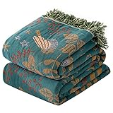 HOORDRY Doppelseitig Boho Tagesdecke 100％ Baumwolle Boho Decke 200×230CM Baumwoll Musselin Decke Edele und kuschelig weiche TV-Decke Couchdecke Sesseldecke Wendedecke bettüberwurf,Blau/Beige