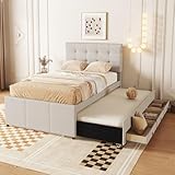 NovaFurnish Polsterbett, 90x200cm(90x190cm), Familienbett, Bett mit DREI Schubladen, Ausziehbares Rollbett, Verstellbares Kopfteil, Ohne Matratze, Beige