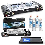 ZMC Camping Gaskocher 2-flammig inkl. Adapter für LPG Anschluss + Grillplatte 45x24 cm + 4 Gaskartuschen 227g + Aufbewahrungskoffer, Campingkocher mit Piezozündung für Outdoor und Innenraum