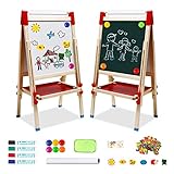 NUKied Kindertafel aus Holz mit Papierrolle Doppelseitige Whiteboard und Tafel Kinder Staffelei mit Zahlen und Anderem Zubehör für Kinder und Kleinkinder (T04)