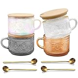 JVJRFQ Vintage-Kaffeetassen aus Glas, 400 ml, 4 Stück, mehrfarbig, geprägte Glaswaren, Teetassen für Frühstück, Dessert, Cappuccino, Latte, Müsli, Joghurt, Weihnachten, Erntedankgeschenk