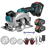 ONEVAN Akku Handkreissäge, Bürstenlos Akku Mini Kreissäge mit 2 3000mAh Akkus, 7000RPM Tauchkreissäge Schnitttiefe 48mm, 0-45°, mit 3 Sägeblättern (125mm, 140mm, 150mm)