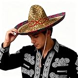 Brandsseller Sombrero Strohhut Ø 40 cm – Sonnenhut für Damen & Herren – Mexikohut für Karneval, Fasching, Party & Strand – Natur/Blau/Rot