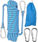 10mm Kletterseil, Outdoor-Sicherheitsseil, Nylon Seil Statisches Kletterseil Rettungsseil Feuerrettungs-Fallschirm-Seil mit 2 Karabinern für Arbeiten in der Höhe/Feuerleiter/Abseilen/Sport, Blau