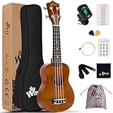 Winzz Sopran Ukulele Starter Kit für Anfänger, mit Tasche, Clip-On Tuner, zusätzlichen Saiten, Gurt, Plektron, Griffbrettaufkleber, Akkord-Karte, Poliertuch, Hautfarben