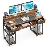 ODK Schreibtisch, Computertisch mit Schubladen, 120x48x90cm Schreibtisch Holz mit Abnehmbarem Regal, Bürotisch mit Tastaturablage und Monitorständer, PC Tisch Gaming Tisch für Home Office, Braun