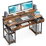 ODK Schreibtisch, Computertisch mit Schubladen, 120x48x90cm Schreibtisch Holz mit Abnehmbarem Regal, Bürotisch mit Tastaturablage und Monitorständer, PC Tisch Gaming Tisch für Home Office, Braun