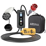 ABSINA CEE Ladekabel Typ 2 mit Einstellbarer Ladeleistung - mobiles Ladestation Elektroauto bis 11kW & 16A, 3 phasig, 6 m Kabel - ICCB Ladekabel Ladeziegel für i3, e-Up, ID.3, ID.4, Zoe, fortwo, Kona