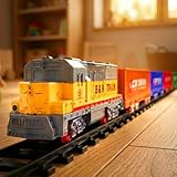 Elektrische Eisenbahn mit Sound & Licht, Lokomotive m. 4 Container-Waggons, 12 Gleise, ca. 3,5m B&R Zugeset Schienenstrecke, Spielzeug-Modellbahn Starterset f. Kinder, Erwachsene, Sammler Kinderzug