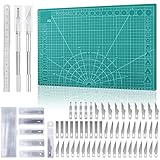 Miuzei Schneidematte Set A3 mit 55stk Bastelmesser und Stahllineal,Selbstheilende Bastelunterlage Schneideunterlage Cutting Mat Basteln Zeichenunterlage Bastelskalpell Bastelmatte (Grün)