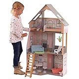 KidKraft Alina Puppenhaus aus Holz mit Möbeln und Zubehör für 30 cm große Puppen, 3-stöckiges Spielset mit Hund und beweglichen Treppe, Spielzeug für Kinder ab 3 Jahre, 10229