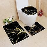 Badematten & Badteppiche Set 3 Teilig Schwarz Gold Mikrofaser Flauschige Marmor Muster Badezimmerteppich und WC Vorleger mit Ausschnitt Waschbar rutschfeste Badvorleger Toilette Teppich (Schwarz, 3pc)