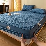 Lirzxin Boxspringbett 120x200x25 cm, Spannbettlaken Gewaschene Baumwolle Einfarbig mit Geometrisch Herz Struktur Bettlaken Einzelbett Weiches und Atmungsaktives, Marineblau