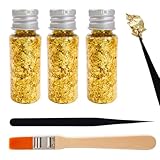 3 Flaschen Essbare Blattgoldblätter mit Pinzette & Pinsel, Blattgold Flocken Multifunktions-Dekorfolienpapier Goldfolie Papier für Küche, Mousse, Kuchen, Backen, Gebäck, Kunsthandwerk & Dekoration