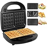 Gotoll Sandwichmaker 3 in 1, Waffeleisen Sandwichtoaster, Grill wechselplatten, Sandwich Maker, Antihaftbeschichtete abnehmbare Platten, 750 W, Betriebsampel, Schwarz