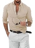 JMIERR Leinen Hemden Herren Bügelfreie Button Down Freizeithemd 2023 Fall Fashion Baumwolle Shirts Langarm Regular Fit Beige M