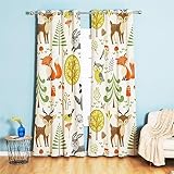 Koudi Blickdichte Vorhänge Kinderzimmer Tiere Hase Fuchs Bäume Muster Gardinen mit Ösen für Mädchenzimmer, Kinderzimmer, Babyzimmer 160 × 70cm (H × B)