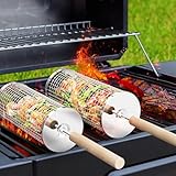 Ivtivfu Nestendes Rollendes Grillkorb Set, Abnehmbarer Holzgriff, Edelstahl 304, Grill Zubehör für Gemüse Garnelen, Outdoor Camping Gasgrill, Geschenke für Männer Papa Ehemann Vatertag
