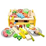 medoga Holz BBQ Grill Spielen Essen Set, Pretend Spielen Spielzeug mit Kochen und Schneiden Utensilien, Küche Spielset für Kleinkinder Kinder, Pädagogisches Spielzeug Geschenk für Jungen und Mädchen