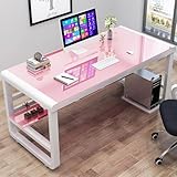 Modn Temped Glas-Schreibtisch mit Ablageflächen, einfacher Arbeitsschreibtisch mit Bücherregal, PC-Oberseite, Gaming-Schreibtisch (100 x 60 x 75 cm, Rosa)