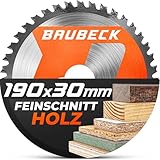 BAUBECK Sägeblatt 190x30 +16/20/25.4mm Reduzierringe, 48Z, 1.6mm Schnitt in Holz mit Handkreissägen, wie Bosch GKS 190, PKS 66 A / 66 AF, Parkside PHKS 66 kompatibel, Kreissägeblatt 190