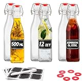 Praknu 12er Set Glasflaschen 500ml Bügelverschluss Eckig - Bügelflaschen Zum Befüllen - inkl 6 Extra Dichtungen & 6 Etiketten mit Stift - Glasflaschen für Öl, Essig, Saft & Limonade