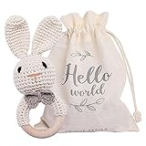 Youuys Babyrassel Gehäkelte Holz Häkeln Tiere Greifling Baby Holz Rassel Baby mit Sound Handmade Rassel für Neugeborenes Baby Geschenk Junge und Mädchen Geschenk zur Geburt (Hase)