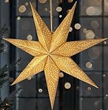 BRUBAKER 60 cm Papier Weihnachtsstern zum Aufhängen - LED Adventsstern für Weihnachtsdeko und Fenster - 3D Papierstern mit Timer-Funktion - Hängender Leuchtstern - Gold