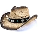 Cowboyhut, Damen Herren Erwachsene Gewebt Stroh Western Cowboy Hut Cowgirl Hat Wild Classic Strohhut für Männer Musikfestival Party Strand Dress Up (DE/NL/SE/PL, Alphanumerisch, M, Kaffee 2)