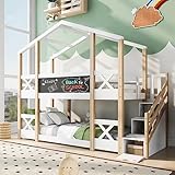 HESHU Hausbett Kinderbett mit Ecktreppe und Fallschutz, Etagenbett mit Treppe 2 Kinder 90 x 200cm, Hochbett für Kinder, 2X Lattenrost, Stockbett Jugendbett