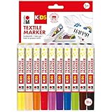 Marabu KiDS Textilmarker Set mit 10 Farben, Kinder Stoffmalstifte mit 3mm Spitze für helle Stoffe, auf Wasserbasis, nach Fixierung waschbeständig bis 60°C, 031400000002-1