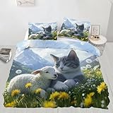 Fun Cat Super-King-Bettbezug, natürliche Blume, Bettbezug für Schlafzimmer, Kinder, Alpaka-Bettwäsche-Set, 3-teilig, 2 Kissenbezüge und Reißverschluss