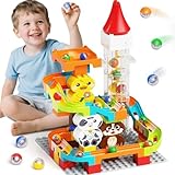 burgkidz Murmelbahn Bauklötze, Motorisierter Aufzug Kugelbahnen mit Niedlichem Tier Konstruktionsspielzeug, 4-in-1 Konfiguration Murmellabyrinth Set, Geschenk für Kinder von 3-7 Jahren, 92 teiliges