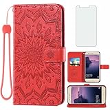 Asuwish Handyhülle für Huawei P10 Lite Hülle mit Glas Folie Schutzfolie und Kartenfach Klappbar Leder Geldbörse Ständer Hawaii P 10 P10Lite Handy Hüllen Mandala Schutzhülle Handyhüllen Phone Case Rot