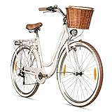 Bergsteiger Marseille 28 Zoll Damenfahrrad, ab 150 cm, Korb aus Rattan, Fahrrad-Licht, Damen-Citybike, Damenrad im Retro-Design«, 6 Gang Shimano Tourney Schaltung, Kettenschaltung