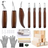 HOMCA Holz Schnitzwerkzeug Set, 23 in 1 Schnitzset mit 7 Schnitzmesser für Kinder&Erwachsene, Holzwerkzeug für Anfänger/Profis Schnitzen mit Schnittfeste Handschuhe und Schleifsteine - Dunkelbraun