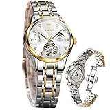 OLEVS Damenuhr Damen Automatik Mechanisch Skelett Luxus Diamant Elegant Edelstahl Wasserdicht Analog Original Silber Weiß Uhr