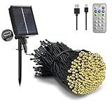 Tacobey Solar Lichterkette Außen Warmweiß - 20M 200 LED 【USB/Solarbetrieben】 Lichterkette Aussen mit Fernbedienung, Wetterfest, 8 Modi, Solarlichterkette für Outdoor Terrasse Garten Balkon Deko